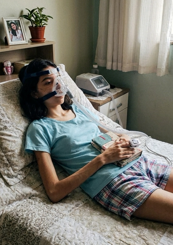 Isadora em casa com máscara de ventilação, nos períodos em que o corpo precisa de ainda mais cuidado